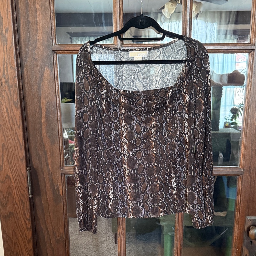 Michael Kors Womens Brown Snakeskin Print Square Neck Cowl Long Sleeve Top L‎